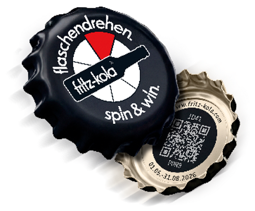 Aktions-Kronkorken mit dem Schriftzug „flaschendrehen. spin & win“